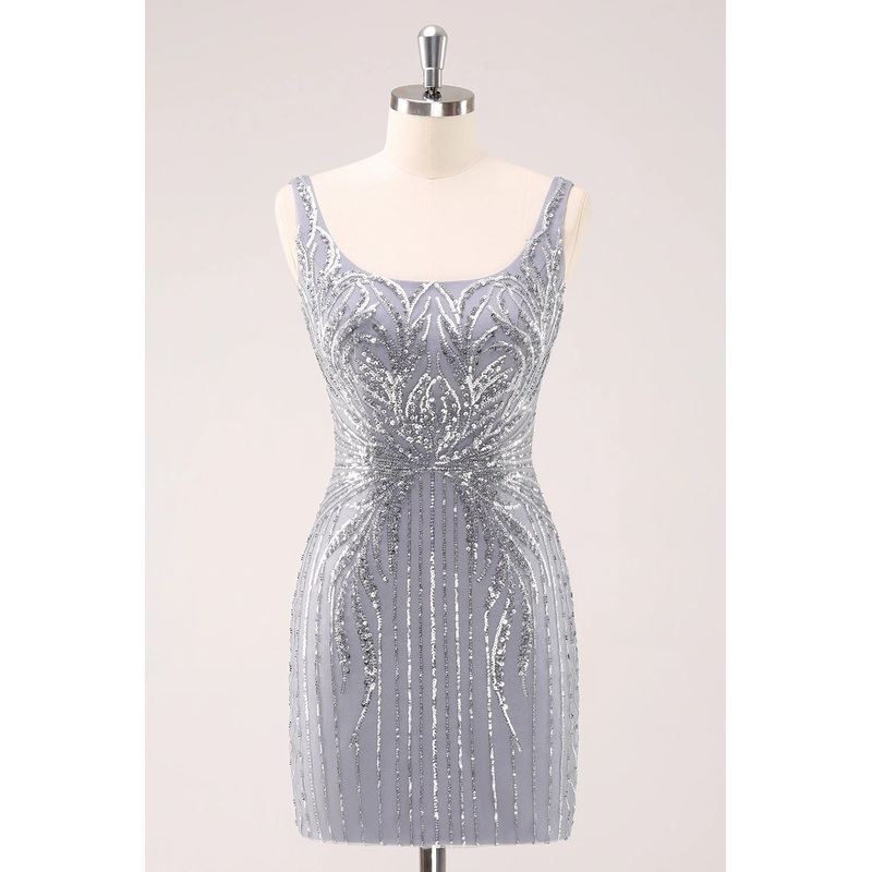 Aimishang Homecoming Dress Sparkly Neck Short Grey Square Tight with Sequins