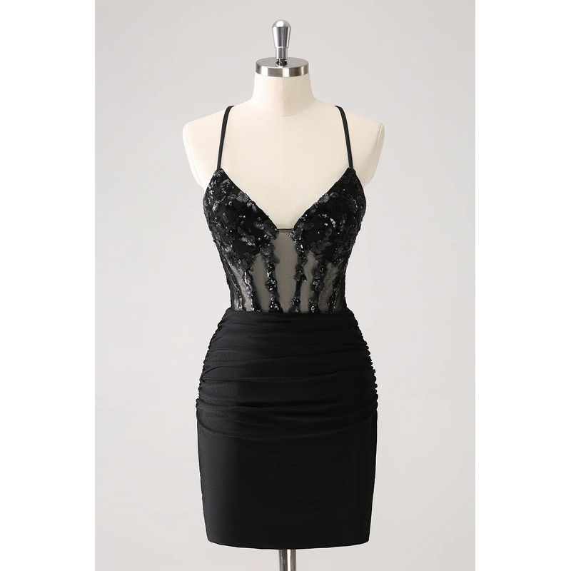 Aimishang Homecoming Dress Sparkly Unique Black Tight Spaghetti Straps Sequin with Lace Up Back