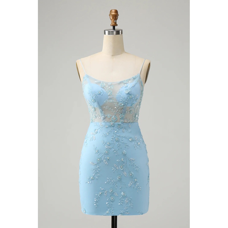 Aimishang Homecoming Dress Stylish Blue Bodycon Spaghetti Straps Lace Up Back with Sequins
