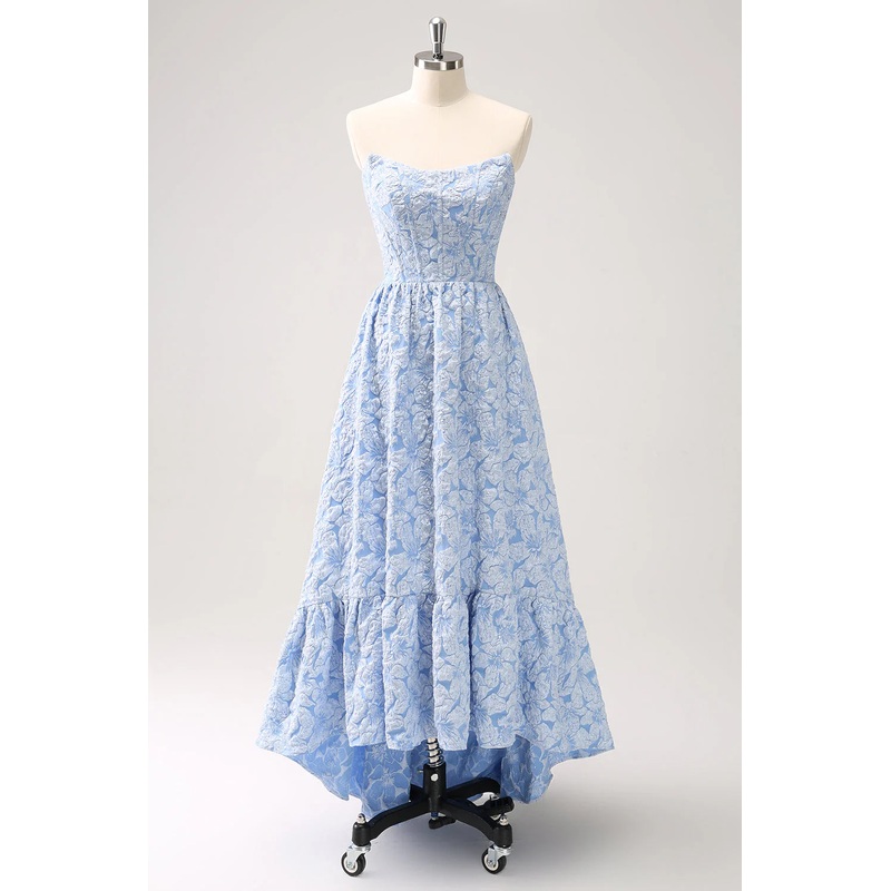 Aimishang Homecoming Dresses A-Line Graduation Dresses Strapless Floral High Low Ruffled Dress Blue