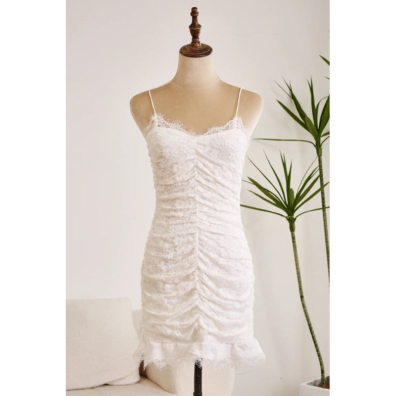 Aimishang Homecoming Dresses White Short Graduation Dress Classy Bodycon Lace Suspender Backless Pleated