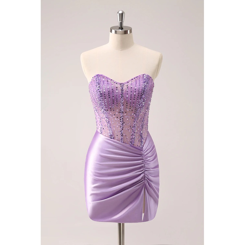 Aimishang Lilac Homecoming Dress Bodycon Strapless Sequins Ruched with Beading Sparkly