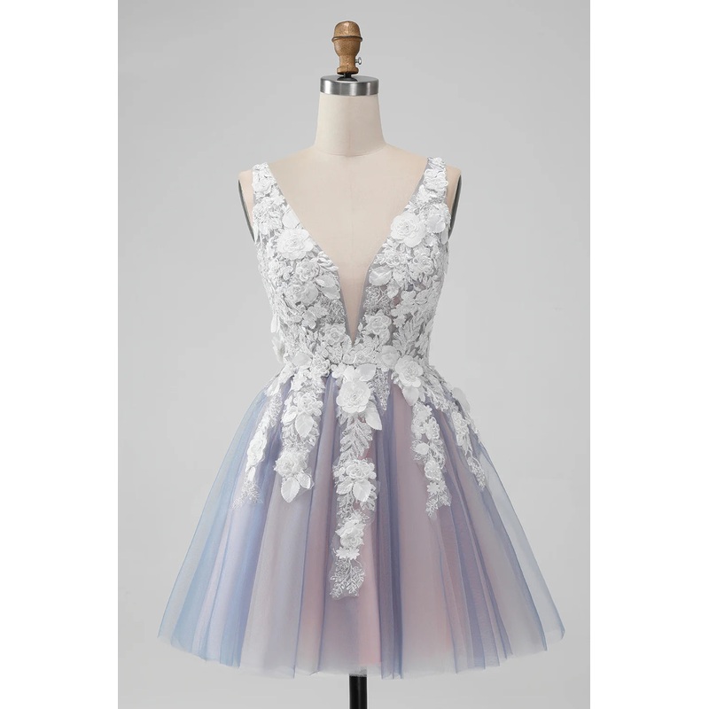 Aimishang Short Homecoming Dress A Line Spaghetti Straps Flowers Graduation Dresses with Pearl Grey Pink