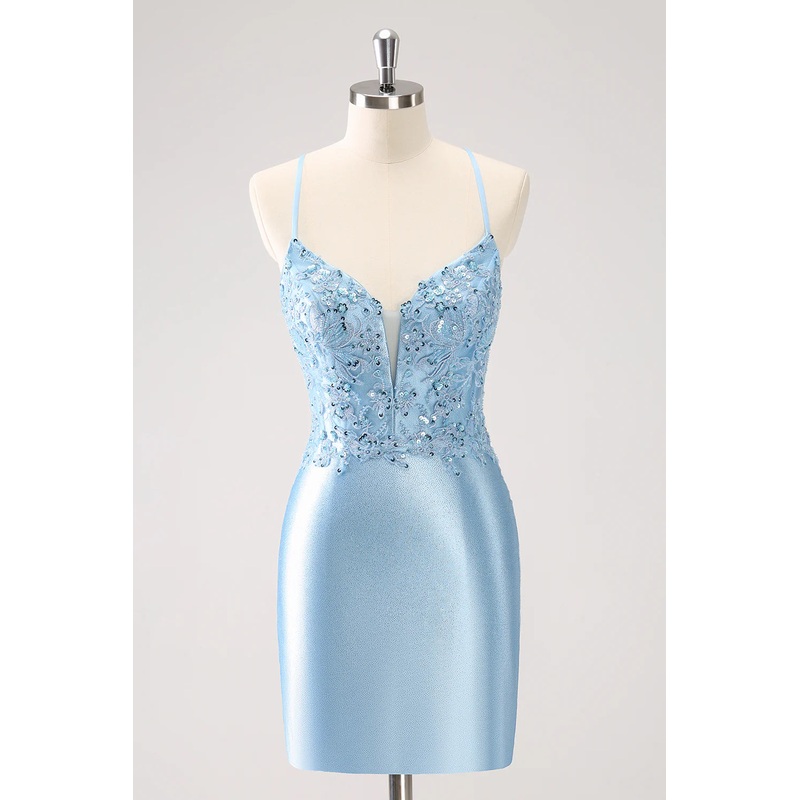 Aimishang Short Homecoming Dress Blue Bodycon Lace Up Back Sequin with Appliques