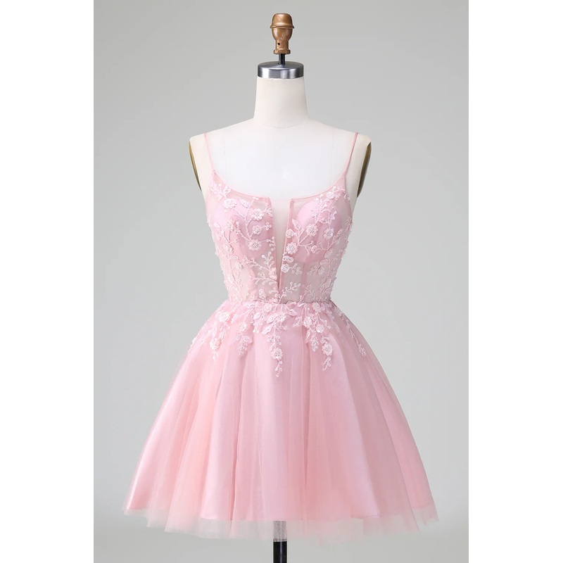 Aimishang Short Homecoming Dress Cute Blush A Line Spaghetti Straps Corset with Appliques