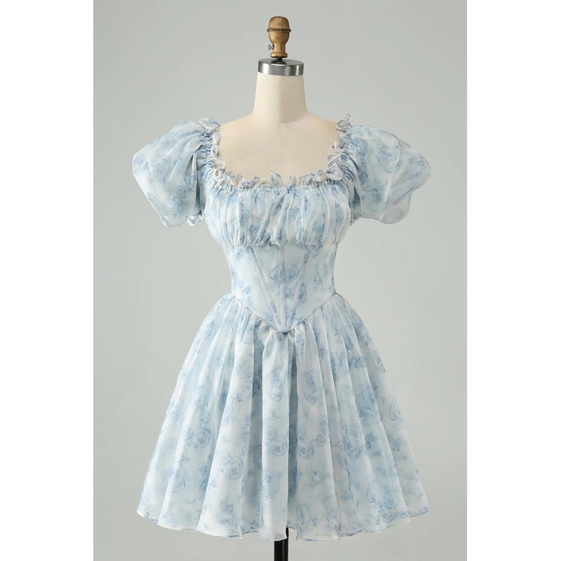 Aimishang Short Homecoming Dress Cute Light Green A Line Graduation Dresses Square Neck Floral with Ruffles