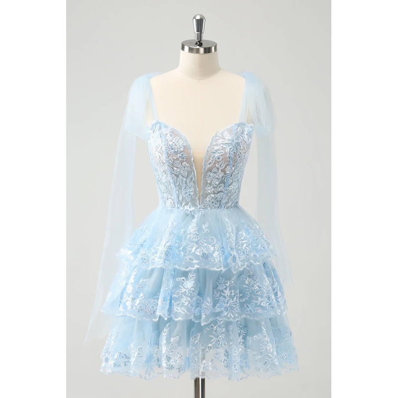 Aimishang Short Homecoming Dress Cute Sparkly Blue A Line V Neck Corset Tiered