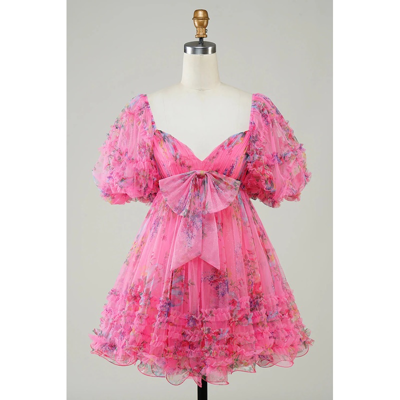 Aimishang Short Homecoming Dress Dark Blue A-Line Puff Sleeves Tulle with Bow