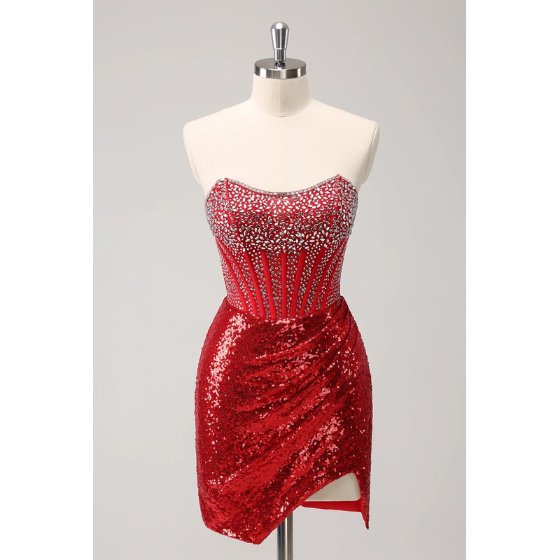 Aimishang Short Homecoming Dress Glitter Red Tight Strapless Sequin Corset Slit with Beading