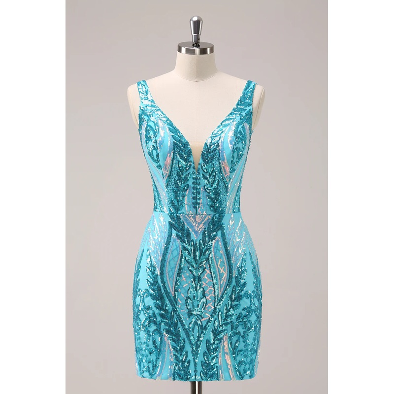 Aimishang Short Homecoming Dress Sparkly Blue Bodycon V Neck Backless with Sequins