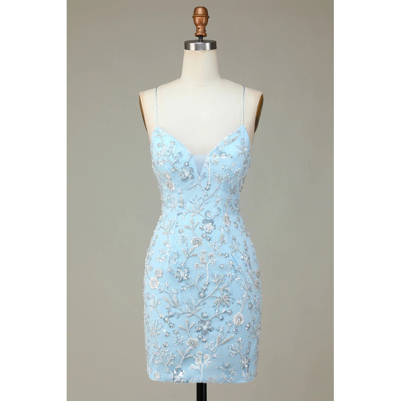 Aimishang Short Homecoming Dress Sparkly Blue Sheath Sequins Beaded Flowers Tight Graduation Dresses