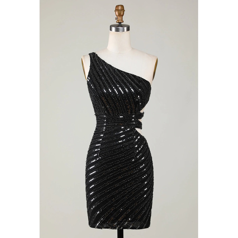 Aimishang Short Homecoming Dress Sparkly Bodycon One Shoulder Black Sequins with Cut Out Graduation Dresses
