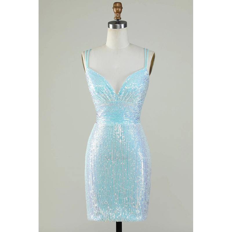 Aimishang Short Homecoming Dress Sparkly Light Blue Sheath Sequins with Criss Cross Back