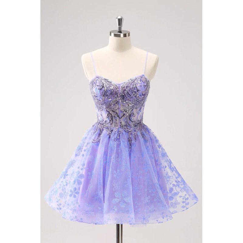 Aimishang Short Homecoming Dress Sparkly Lilac A Line Corset Floral with Sequins Graduation Dresses