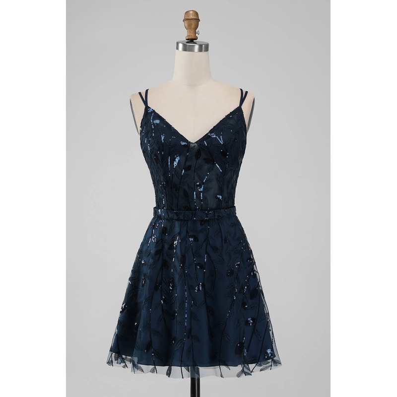 Aimishang Short Homecoming Dress Sparkly Navy A Line Spaghetti Straps Sequins Graduation Dresses