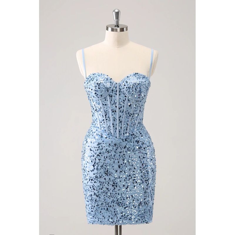 Aimishang Short Homecoming Dress Stylish Bodycon Spaghetti Straps Corset with Sequins Blue