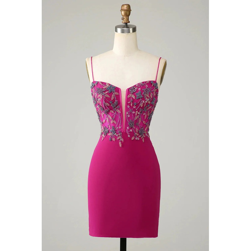 Aimishang Short Homecoming Dress Stylish Bodycon Spaghetti Straps Fuchsia with Beaded