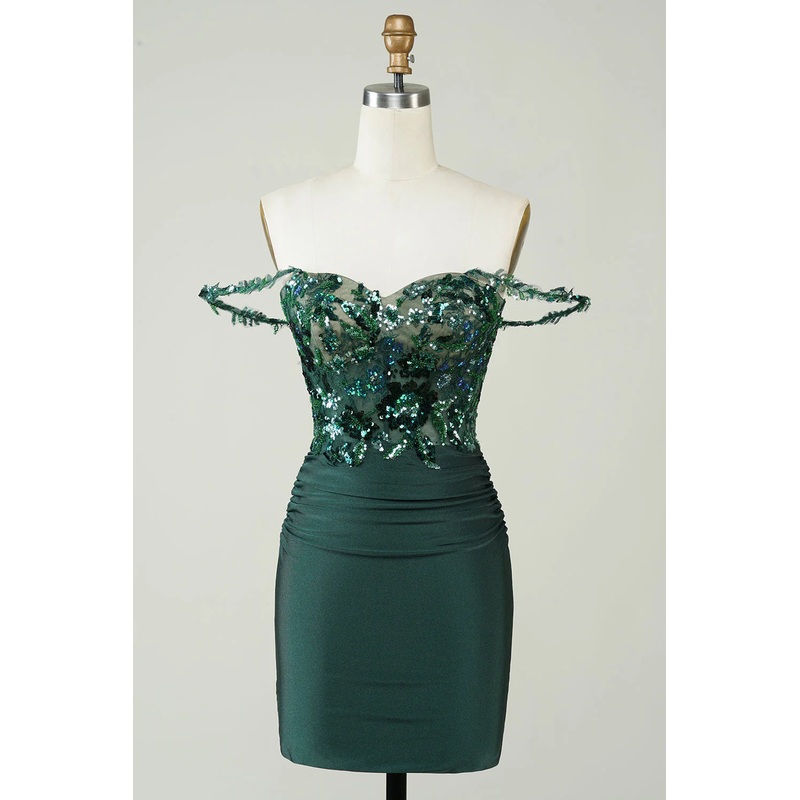 Aimishang Short Homecoming Dress Unique Black Sheath Off the Shoulder Graduation Dresses with Appliques