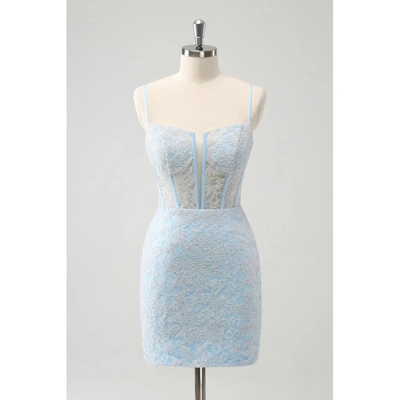 Aimishang Short Homecoming Dresses Light Blue Corset Spaghetti Straps Tight with Lace Up Back