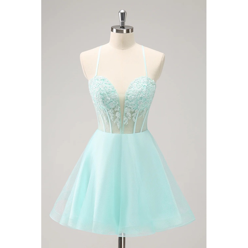 Aimishang Sparkly A Line Homecoming Dress Corset Sequin Short Green Graduation Dresses with Appliques
