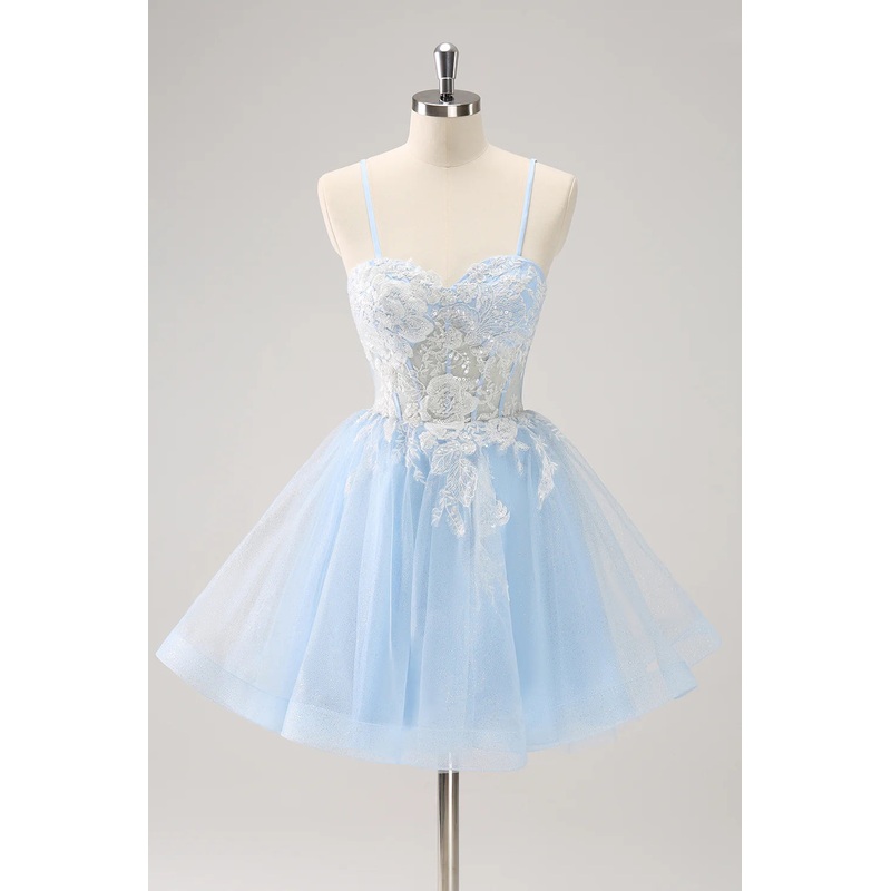 Aimishang Sparkly Graduation Dresses Blue A Line Homecoming Dress Corset Sequin with Appliques