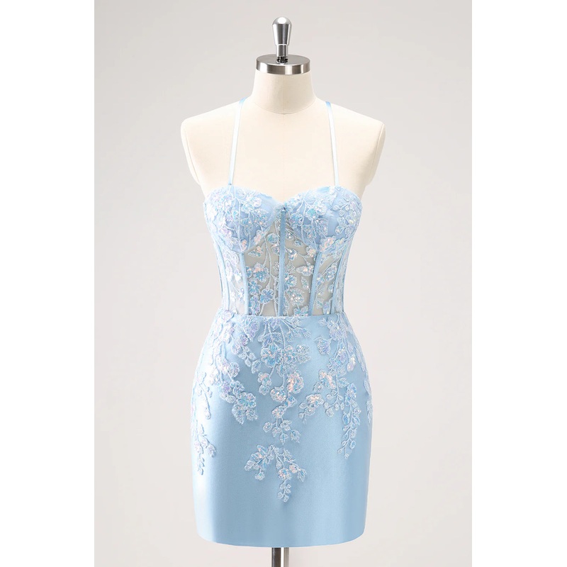 Aimishang Sparkly Lilac Homecoming Dress Bodycon Spaghetti Straps Sequin Corset with Appliques