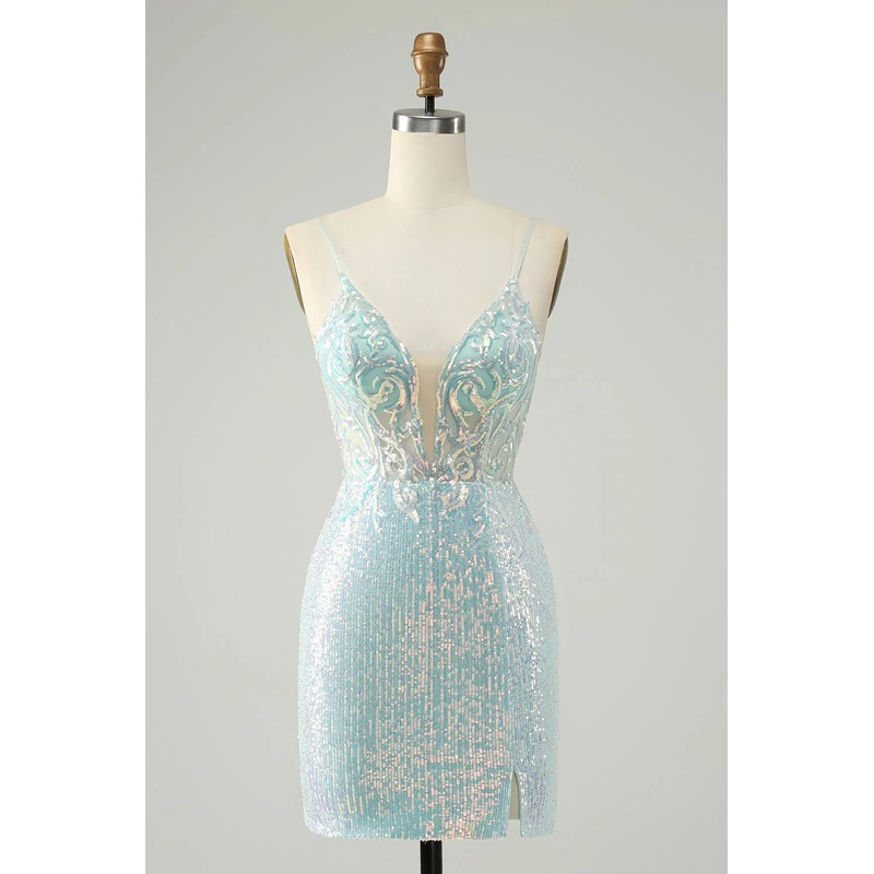 Aimishang Sparkly Short Homecoming Dress Spaghetti Straps Tight with Slit Light Blue