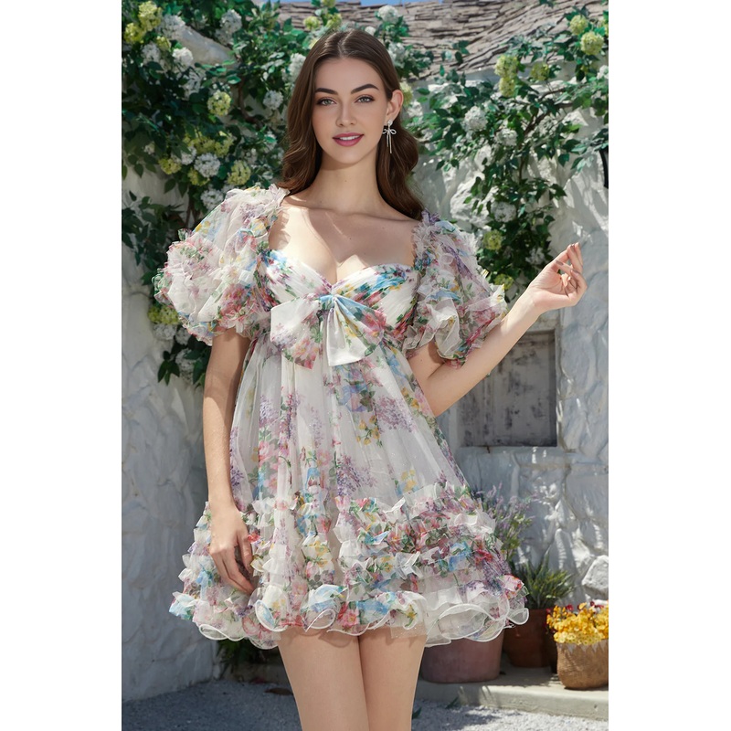 Aimishang Trendy A-Line Ivory Homecoming Dress Floral Printed Short Tulle with Bow