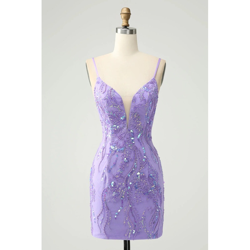 Short Homecoming Dress Sparkly Tight Spaghetti Straps with Sequins Purple