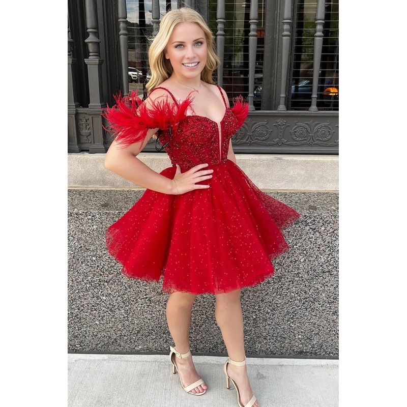 Aimishang A Line Graduation Dresses Sparkling Tulle Corset Homecoming Dress with Feathers