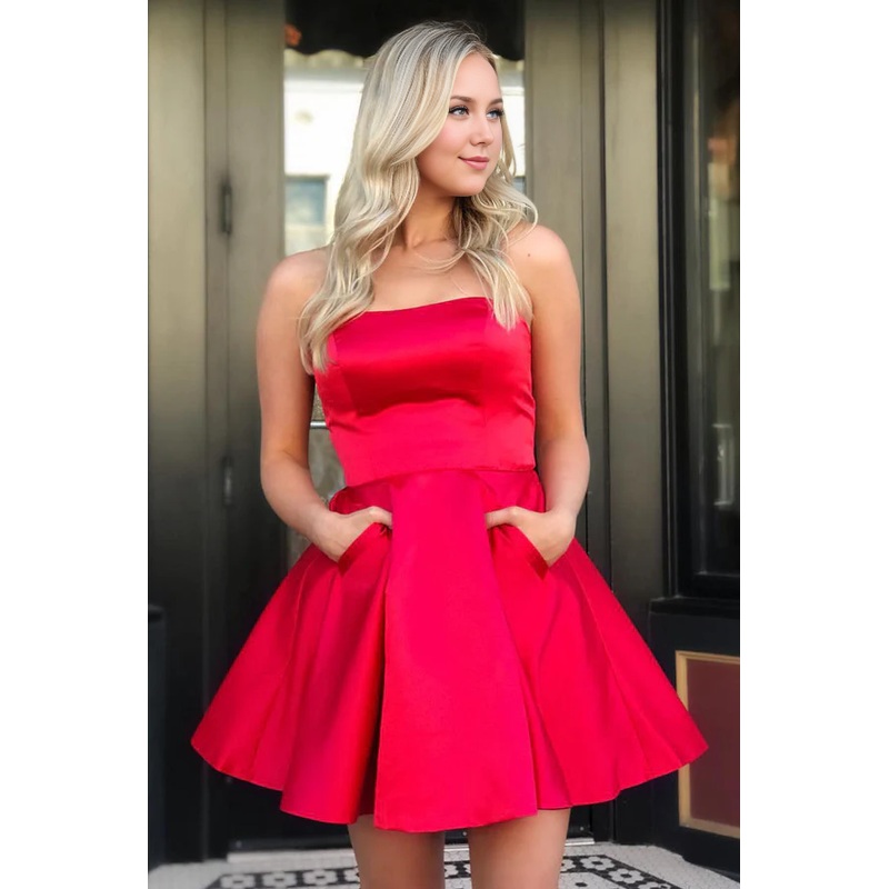Aimishang A-Line Graduation Dresses Strapless Satin Homecoming Dress with Pockets