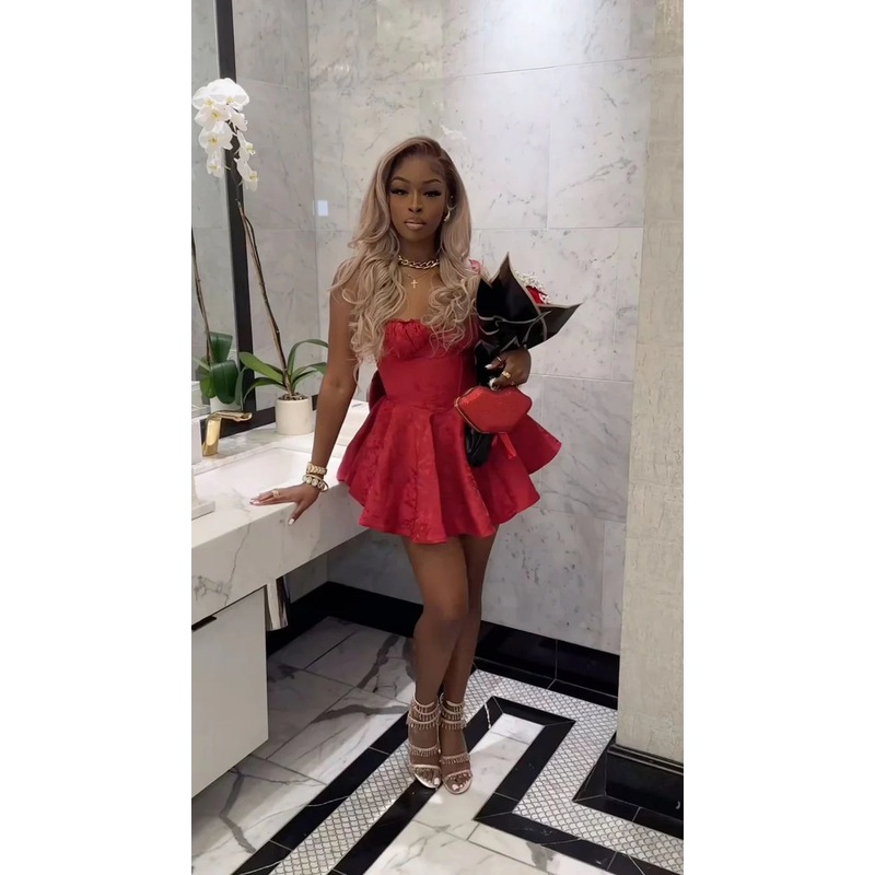 Aimishang Charming Red Strapless A-Line Short Party Dress Birthday Outfits Homecoming Dresses with Bow