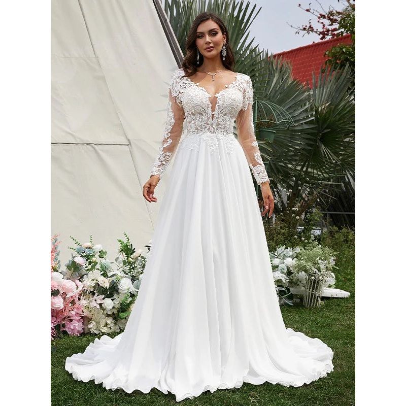 A-Line/Princess Chiffon Applique V-neck Long Sleeves Sweep/Brush Train Wedding Dresses