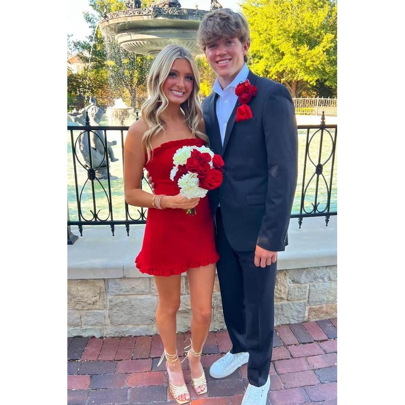 Aimishang Ruffles Strapless Red Tight Mini Dress Simple Party Dress Cute Homecoming Dress