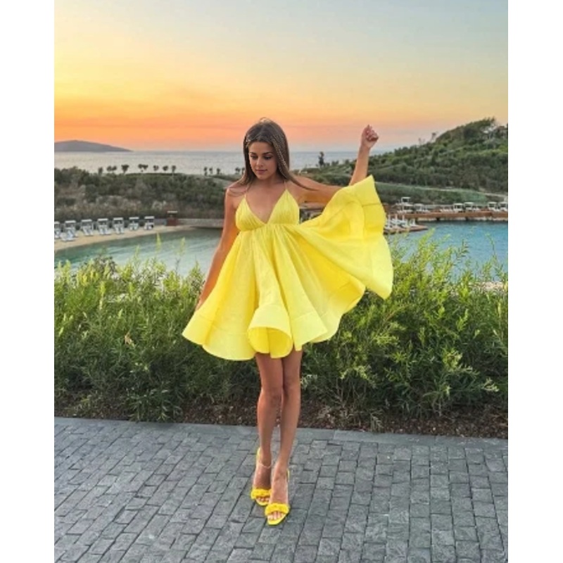 Aimishang Sexy V-neck Backless Lace Up Women's Sling Mini Dress Chic High Waist Lady Summer Party Beachwear Homecoming Dress