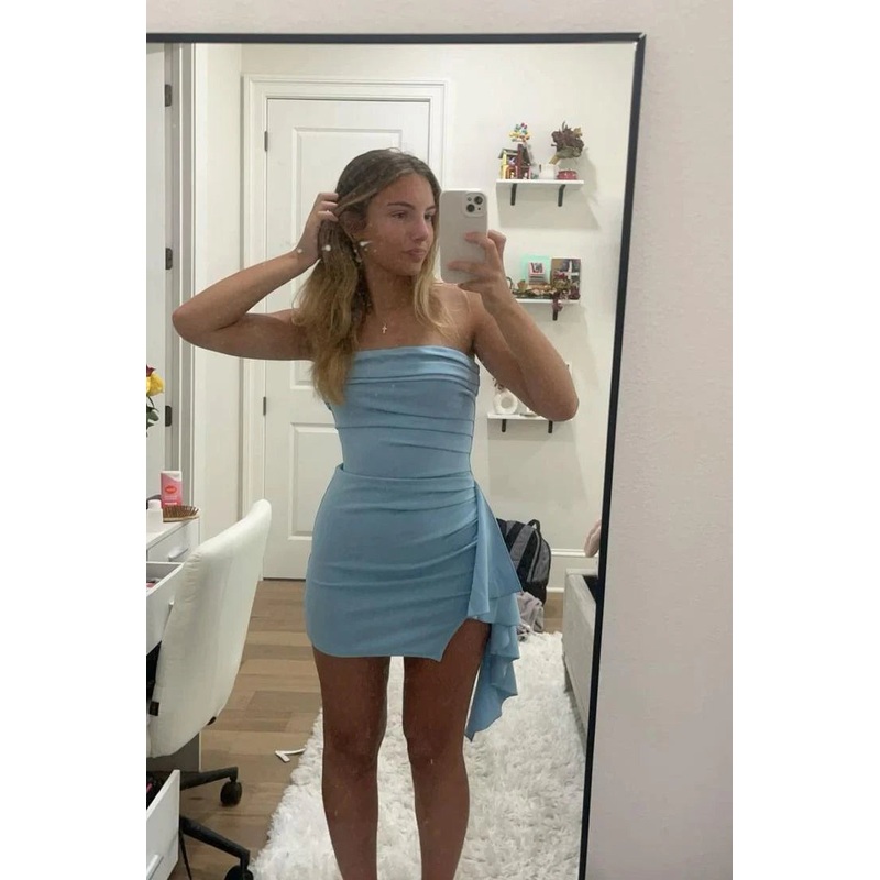 Aimishang Strapless Light Blue/Pink Draped Mini Dress Simple Party Dress Short Homecoming Dress