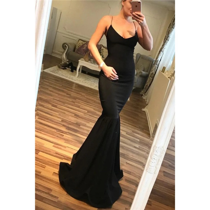 Black Spaghetti-Straps Mermaid Prom Dress Long Online Evening Dresses