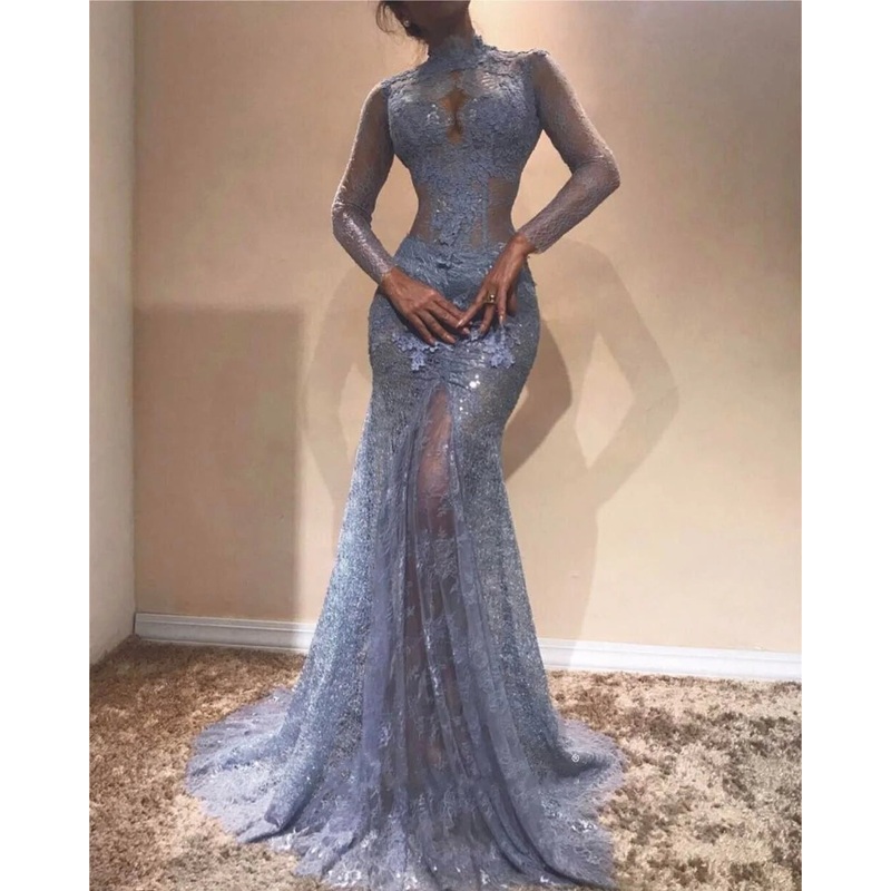 Discount elegant blue see through lace mermaid prom dress