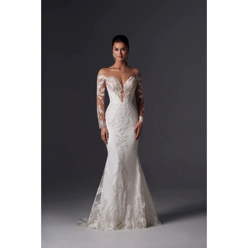 Engagement Formal Wedding Dresses Mermaid / Trumpet Off Shoulder Long Sleeve Court Train Satin Bridal Gowns With Appliques Solid Color