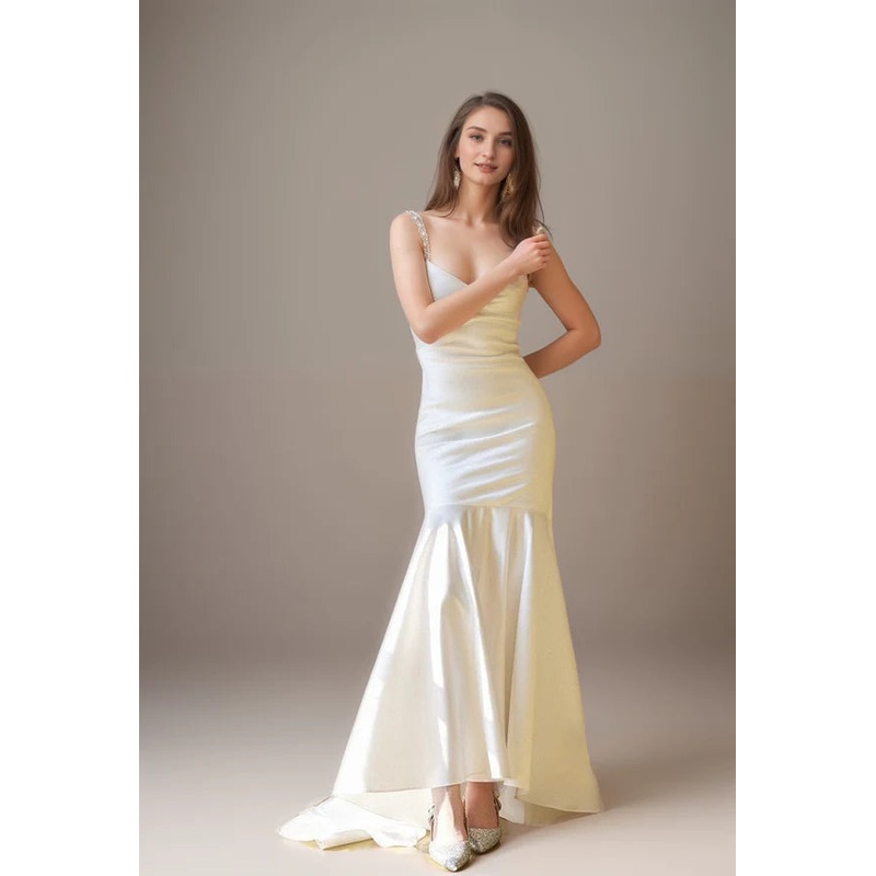 Goddess Style Pearl Beaded Spaghetti-straps Mermaid Satin wedding dress small train