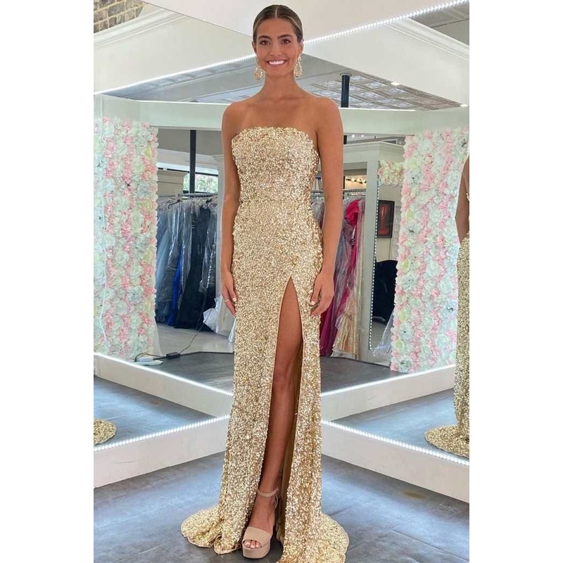 Gold Sequin Strapless Backless Mermaid Prom Dress