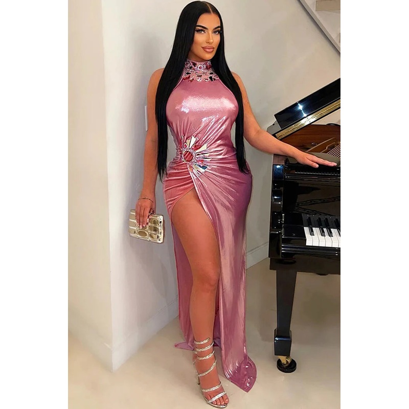 Metallic Crystal Mock Neck Sleeveless Ruched Split Evening Maxi Dress
