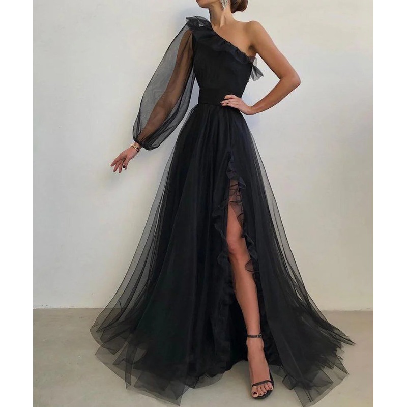 One shoulder black tulle prom dress a line split formal gown event dresses