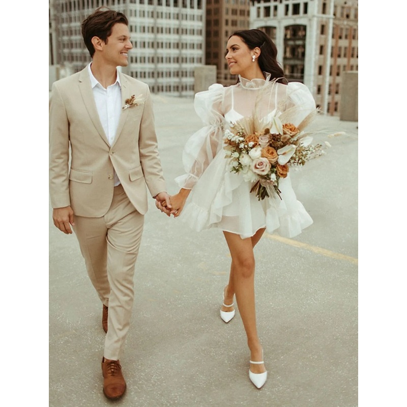 Reception Little White Dresses Wedding Dresses A-Line High Neck Long Sleeve Short / Mini Organza Bridal Gowns With Pick Up Skirt