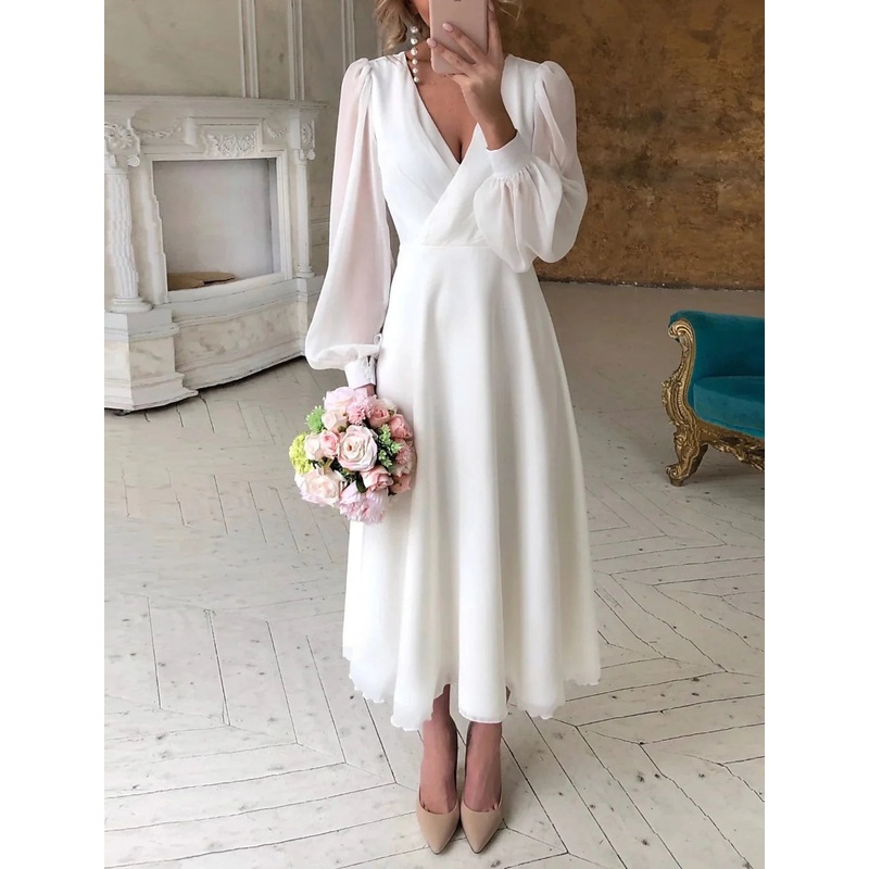 Reception Little White Dresses Wedding Dresses A-Line V Neck Long Sleeve Ankle Length Chiffon Bridal Gowns With Solid Color