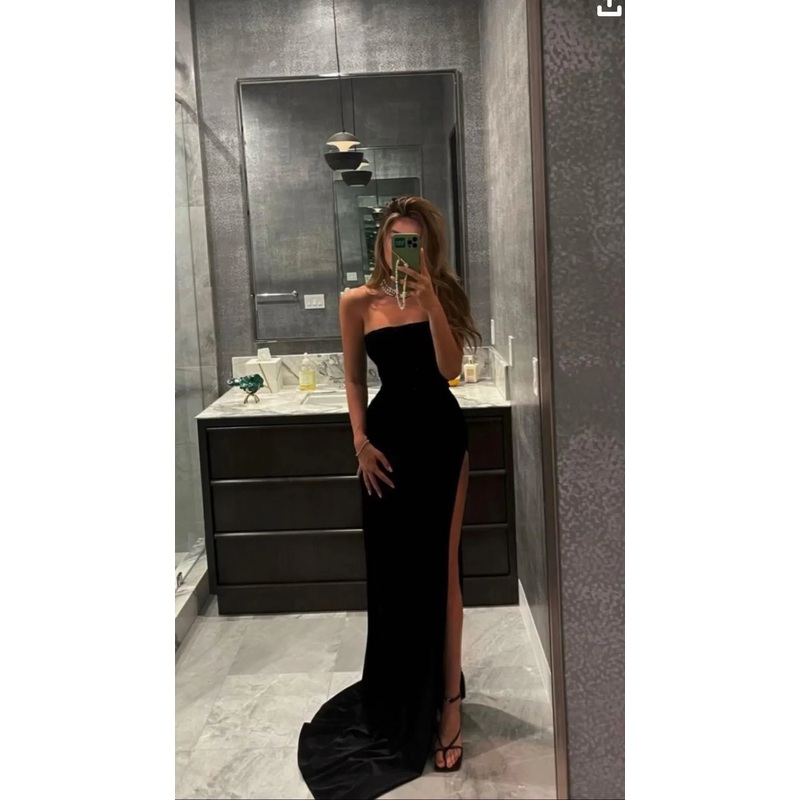 Simple Black Prom Dress With High Split Strapless Sexy Prom Dresses