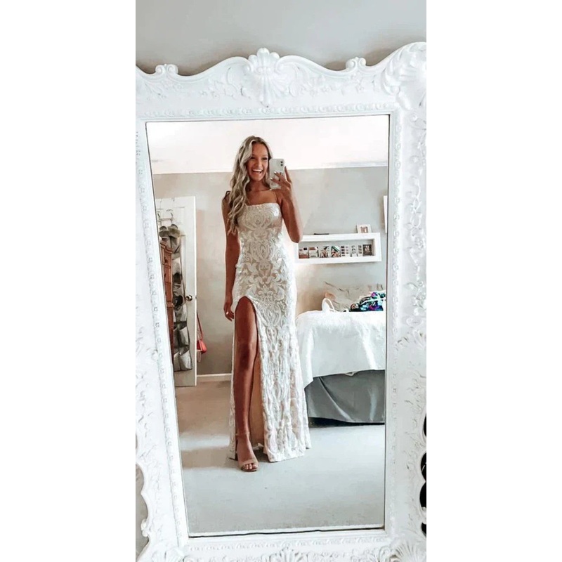Simple white prom dress modest slit evening dresses