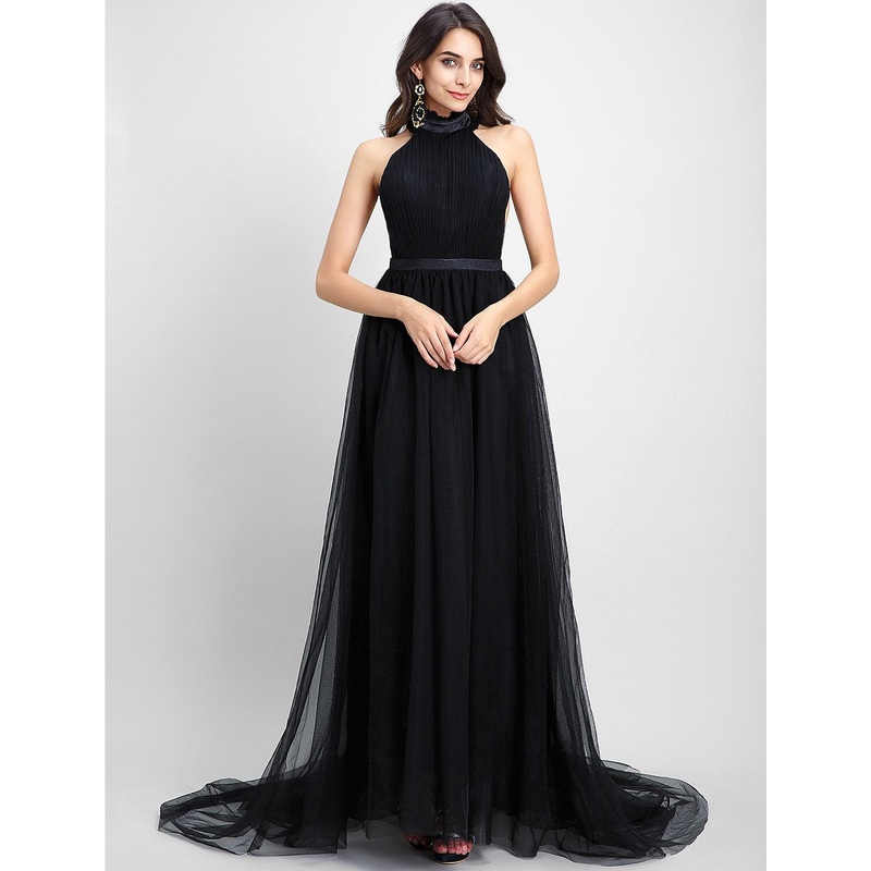 A-Line Celebrity Style Dress Formal Evening Chapel Train Sleeveless Halter Neck Tulle with Draping
