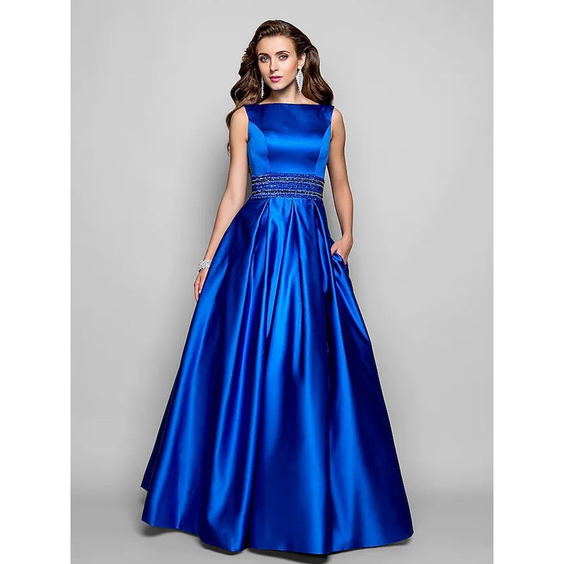 A-Line Elegant Dress Wedding Guest Floor Length Sleeveless Boat Neck Pocket Satin with Pleats Beading