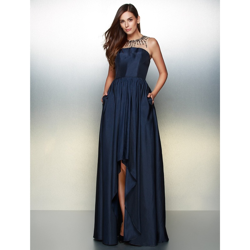 A-Line Elegant High Low Prom Formal Evening Dress Illusion Neck Sleeveless Asymmetrical Taffeta with Pleats Beading